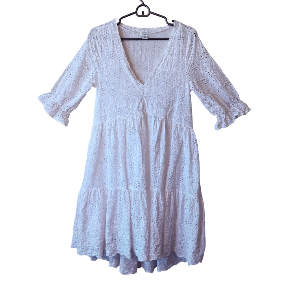 Sundance White Eyelet Cotton Dress Cottagecore Boho Tiered XS Lined Romantic‎